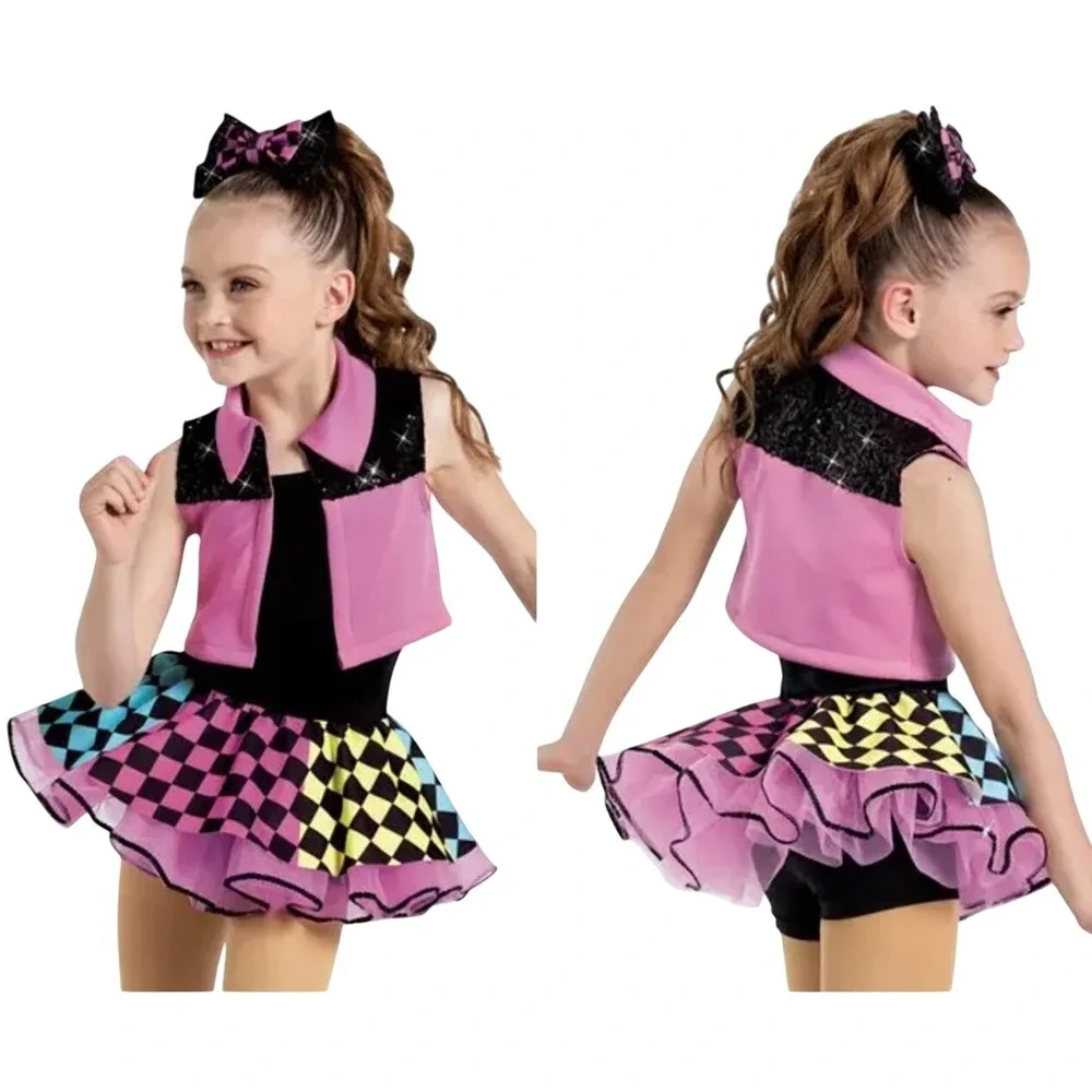 Weissman Girls IC 7/8 Pink Black Checkerboard‎ Dance Costume 3pc Set 14118